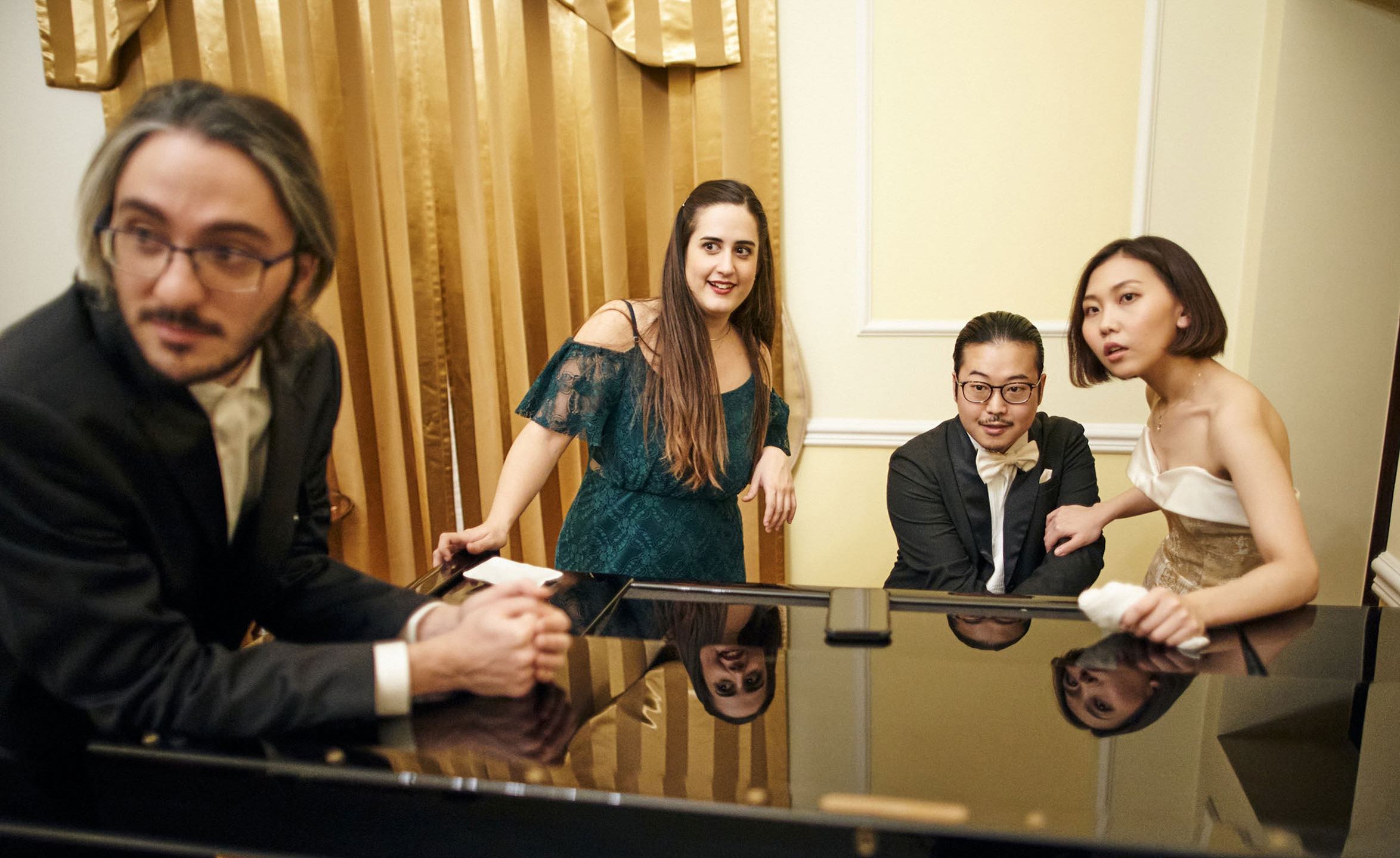 Gadjiev, Armellini, Kyohei Sorita and Aimi Kobayashi gauge the applause in "Pianoforte" / Photo by Darek Golik, courtesy of the Sundance Institute